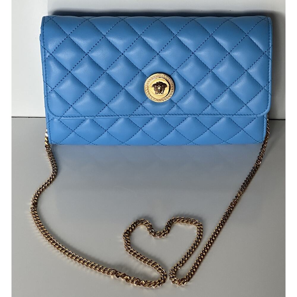 New $1225 Versace Evening Quilted Lamb Leather Blue Shoulder Bag DBSI159S Italy